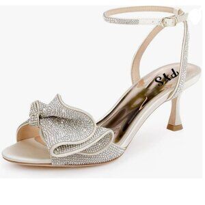 FYS Beige Cute Rhinestones Bow Peep Toe High Heel Ankle Strap Sandals